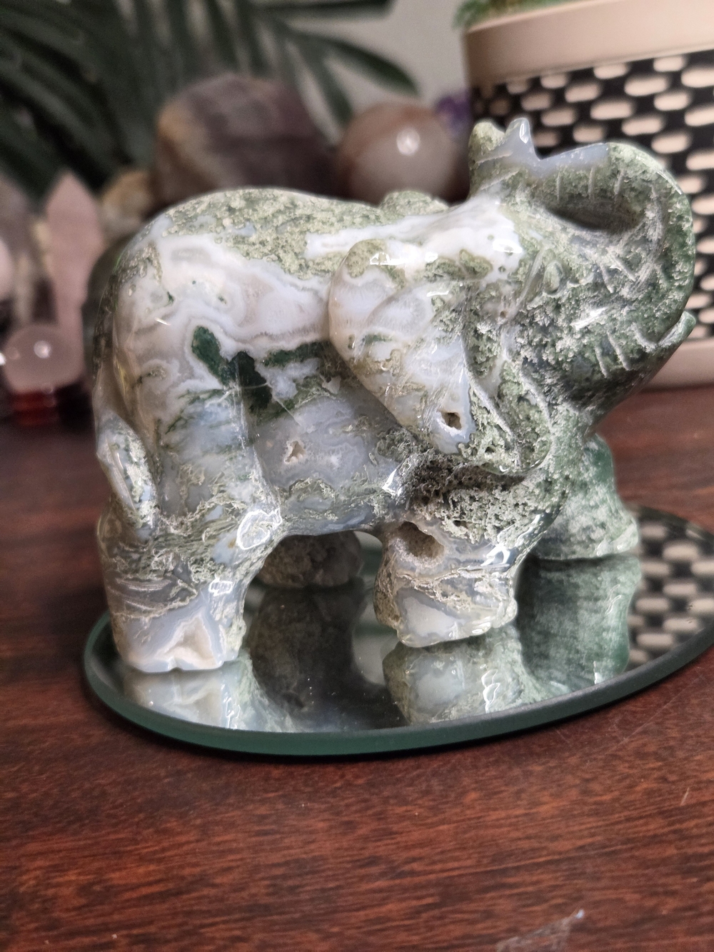 Moss Agate Elephant Carving